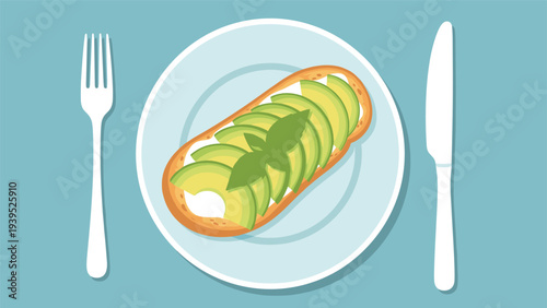 Healthy breakfast of avocado toast served on a light blue plate with a white fork and knife on a solid teal background.