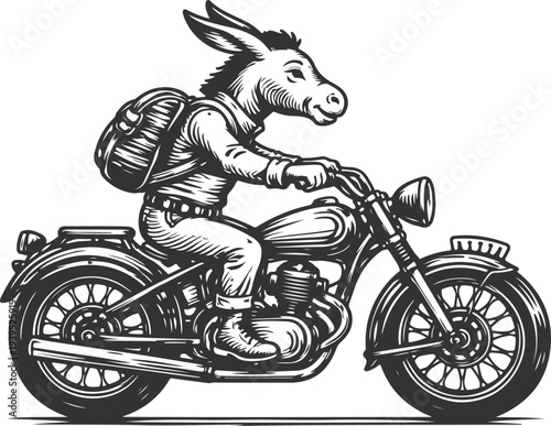 Tablou pe pânză Donkey Riding Motorcycle Vintage Engraving Vector Illustration