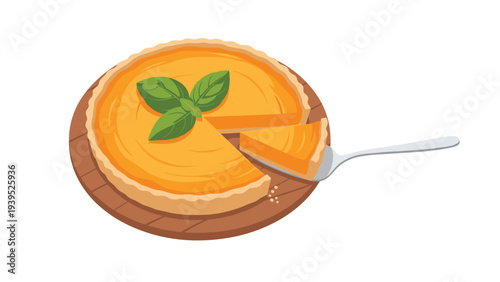 Homemade pumpkin tart or pie on a wooden board with a silver server lifting out a delicious slice decorated with green leaves.