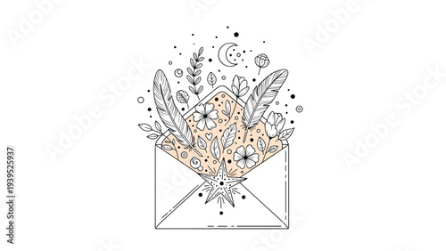 Open envelope with decorative elements like flowers feathers stars and a crescent moon emerging in an artistic celestial style.