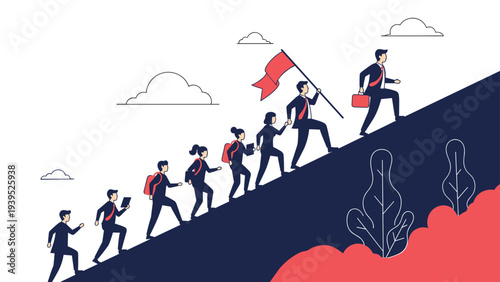 Team of business professionals climbing a steep hill together led by a leader carrying a red flag towards success.