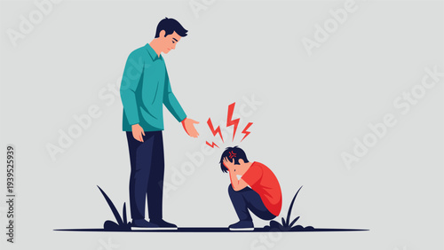 Empathetic scene showing a man reaching out to help a boy who is crouching down and feeling sad or frustrated.