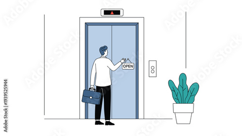 Professional businessman holding a briefcase while waiting for an elevator with an open sign in a modern office building interior.