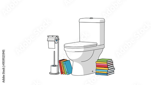 Modern white ceramic toilet bowl with a roll of paper and stacks of colorful books on the floor in a clean bathroom setting.