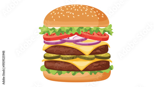 Delicious double cheeseburger stacked with fresh lettuce tomato onion slices and pickles on a sesame seed bun over white.