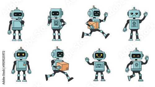 Series of cute blue robots showing different emotions and performing tasks like carrying boxes, waving, and running.