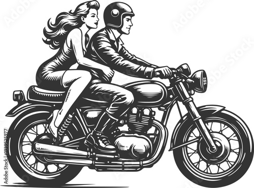 Vintage Couple Riding Motorcycle Retro Biker Vector Illustration