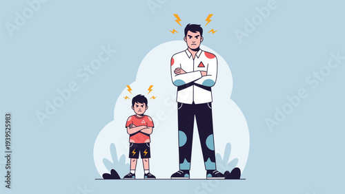 Tense confrontation between an angry man and an angry child both standing with crossed arms and lightning bolts.