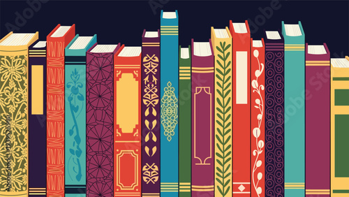 Row of various vintage book spines in different colors and decorative patterns standing side by side against a dark background.
