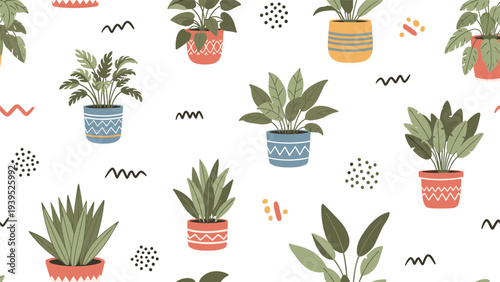 Seamless background pattern with various types of potted indoor house plants and abstract geometric shapes on a white field.