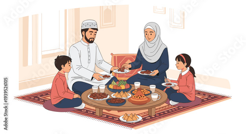 Ramadan Kareem Night Illustration with Mosque, Lanterns, Crescent Moon and Iftar Dates