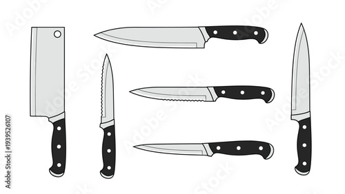 Collection of various professional kitchen knives including cleaver, chef, bread, and paring styles isolated on white.
