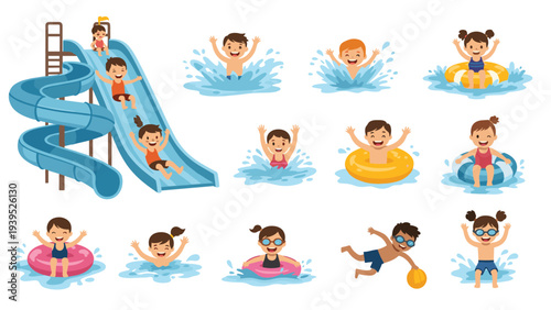 Happy diverse children playing and splashing in a water park with swimming pools, slides, and colorful inflatable rings.