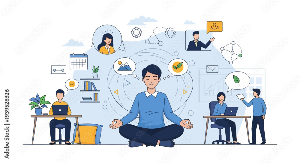 Naklejka premium Mindfulness and Work-Life Balance in a Busy Office Environment. Zen Meditation for Focus, Productivity, and Stress Management.
