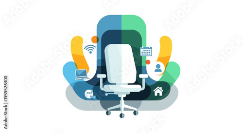 Modern Workstation Concept: Ergonomic Office Chair with Digital Connectivity, Remote Work, and Hybrid Office Icons