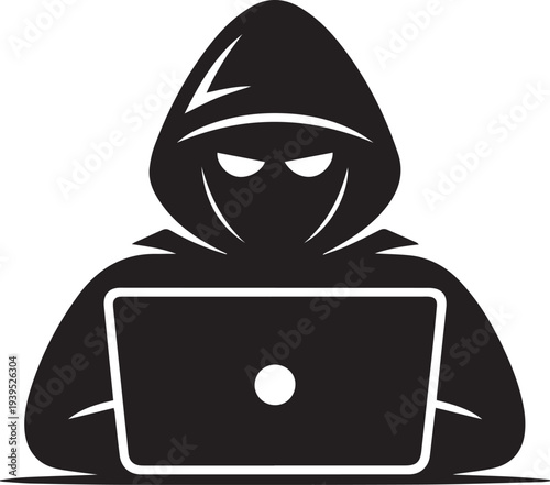 Mysterious Hooded Man with Laptop Icon Representing Cyber Crime