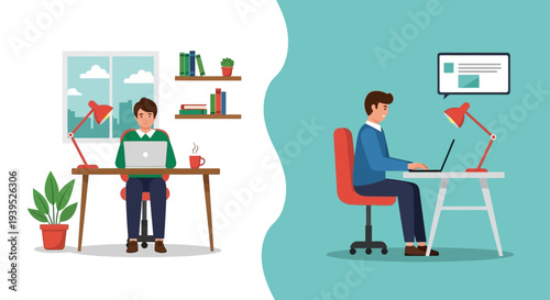 Remote Work vs. Office: Modern Employment Flexibility, Hybrid Model, and Employee Productivity Illustration