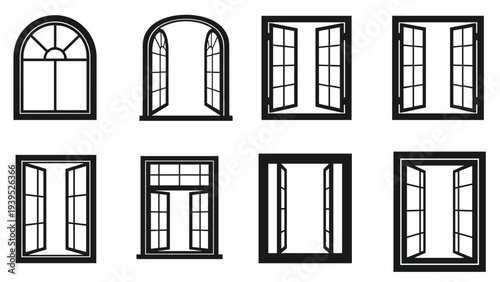 Collection of various window frame designs including arched, rectangular, and double-wing styles in a simple black silhouette.