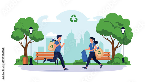 Man and woman plogging in a city park, jogging while picking up litter and putting it into recycling bags for the environment.