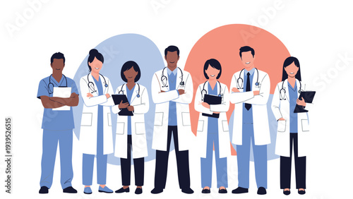 Group of diverse medical professionals including doctors and nurses in scrubs and lab coats standing together in a team.