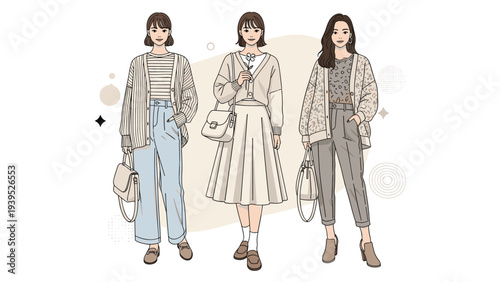 Illustration of three women showcasing different elegant fashion styles with cardigans, skirts, and trousers in neutral tones.