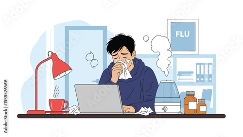 Illustration of a sick man with a cold or flu working on his laptop at home, surrounded by tissues, medicine, and a humidifier.