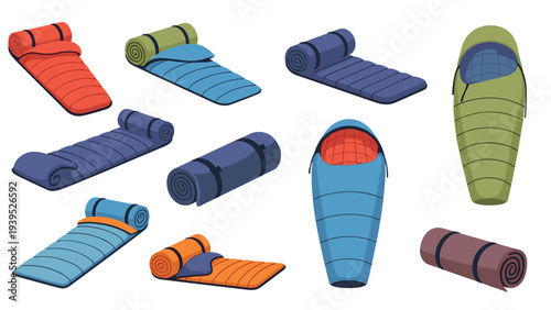 Collection of various colorful sleeping bags in different states such as rolled up, open, and ready for use in camping.