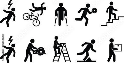 Black Minimalist Warning Icons Set Featuring Skull Crossbones, Fire Flames, Industrial Hazard Signs, 