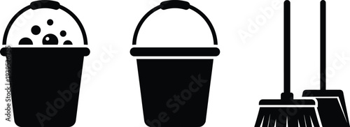 Black Minimalist Warning Icons Set Featuring Skull Crossbones, Fire Flames, Industrial Hazard Signs, Cleaning Tools, an