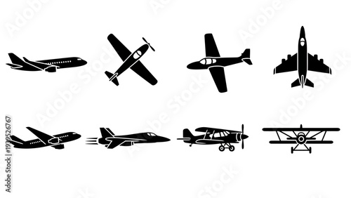 Collection of Various Black Silhouette Aircraft.