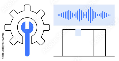 Technology concept. Technology by gear and wrench, combined with audio waveform sound analysis and system maintenance. Great for tech industries, engineering, software, AI development