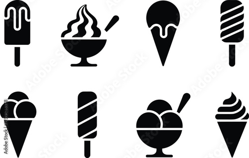 Collection of ice cream dessert icons including popsicle cone sundae soft serve frozen treat symbols for food menu design vector