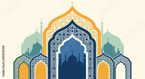 Ramadan Kareem Night Illustration with Mosque, Lanterns, Crescent Moon and Iftar Dates