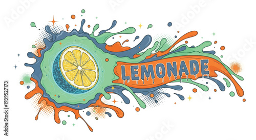 A dynamic and playful vector illustration featuring a zesty lemon slice enveloped in a vibrant, multi-colored liquid splash. This mid-century modern inspired graphic is perfect for summer branding