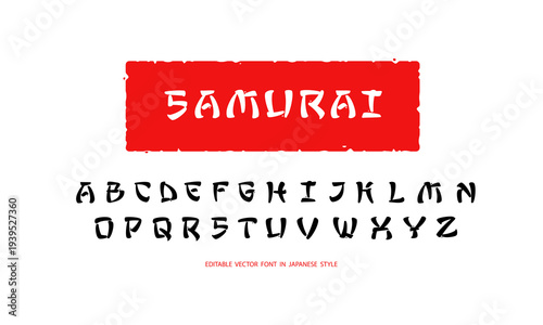 Samurai - japanese calligraphy style font type template. Alphabet letters in Japanese hieroglyphs style. Asian style Chinese or Japanese font type typography. Fully editable vector
