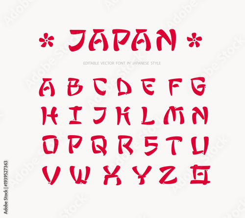Japan - font type template in hieroglyphs calligraphy style . Alphabet letters in Japanese style. Asian style Chinese or Japanese font type typography. Editable vector
