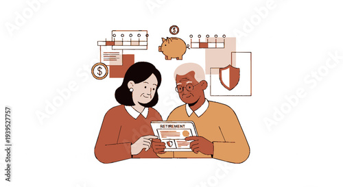 Elderly couple reviewing financial documents with savings and investment icons around them