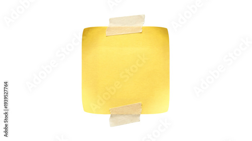 Yellow sticky note paper with adhesive tape strips isolated on white background, blank memo reminder label for office message, copy space