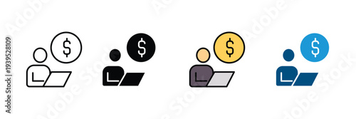 Freelancer working on laptop with dollar coin icon set. Online earning and remote work payment symbol. Vector Illustration.