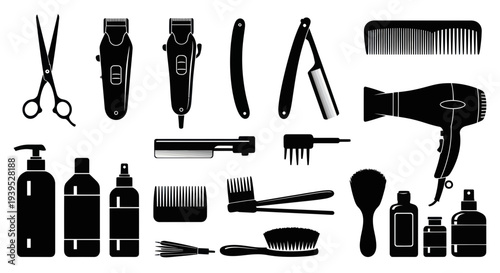 Barber Tools Collection: Scissors, Clippers, Combs, Hair Dryer, Brushes, Razors