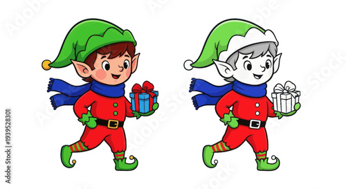Christmas Elf Holding Present, Cartoon Character, Color and Line Art