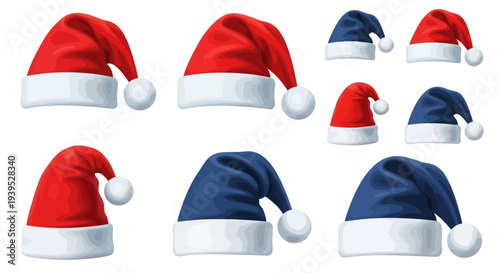 Collection of Red and Blue Santa Hats with White Pom-Pom - Isolated on White Background
