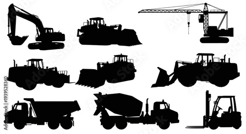 Construction Equipment Silhouettes: Excavator, Bulldozer, Crane, Loader, Truck, Forklift