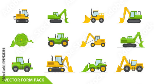 Construction Vehicles Set: Excavators, Loaders, Bulldozer, Tractor, Saw