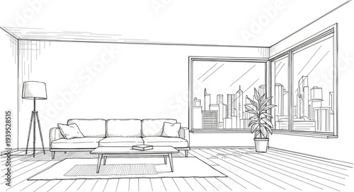 Minimalist Living Room Interior with Large Windows.