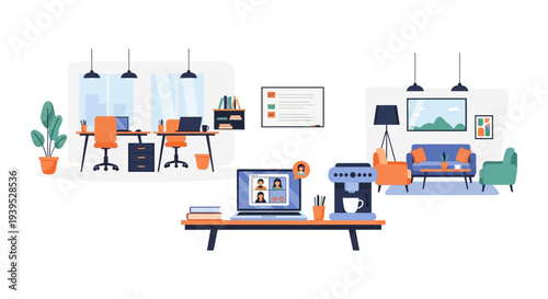 Modern Hybrid Work Environment: Remote Collaboration, Open Office Desks & Relaxing Lounge Space Illustration