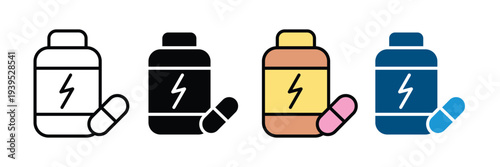 Sports supplements and energy pills icon set. Fitness nutrition and protein bottle symbol. Vector Illustration.