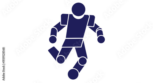 Futuristic robot playing soccer, abstract blue figure kicking ball, white background