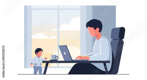Remote Work Dad with Toddler at Home Office Desk, Modern Flat Illustration of Work-Life Balance and Parenting