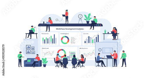 Workforce Development Analytics Illustration. Business Team Analyzing Data, Performance Metrics, and Growth Reports for Strategic Planning.